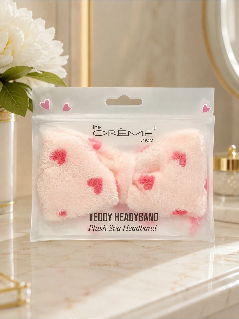 The Crème Shop Teddy Headband Pink Hearts Plush Spa Skincare Hair Bow